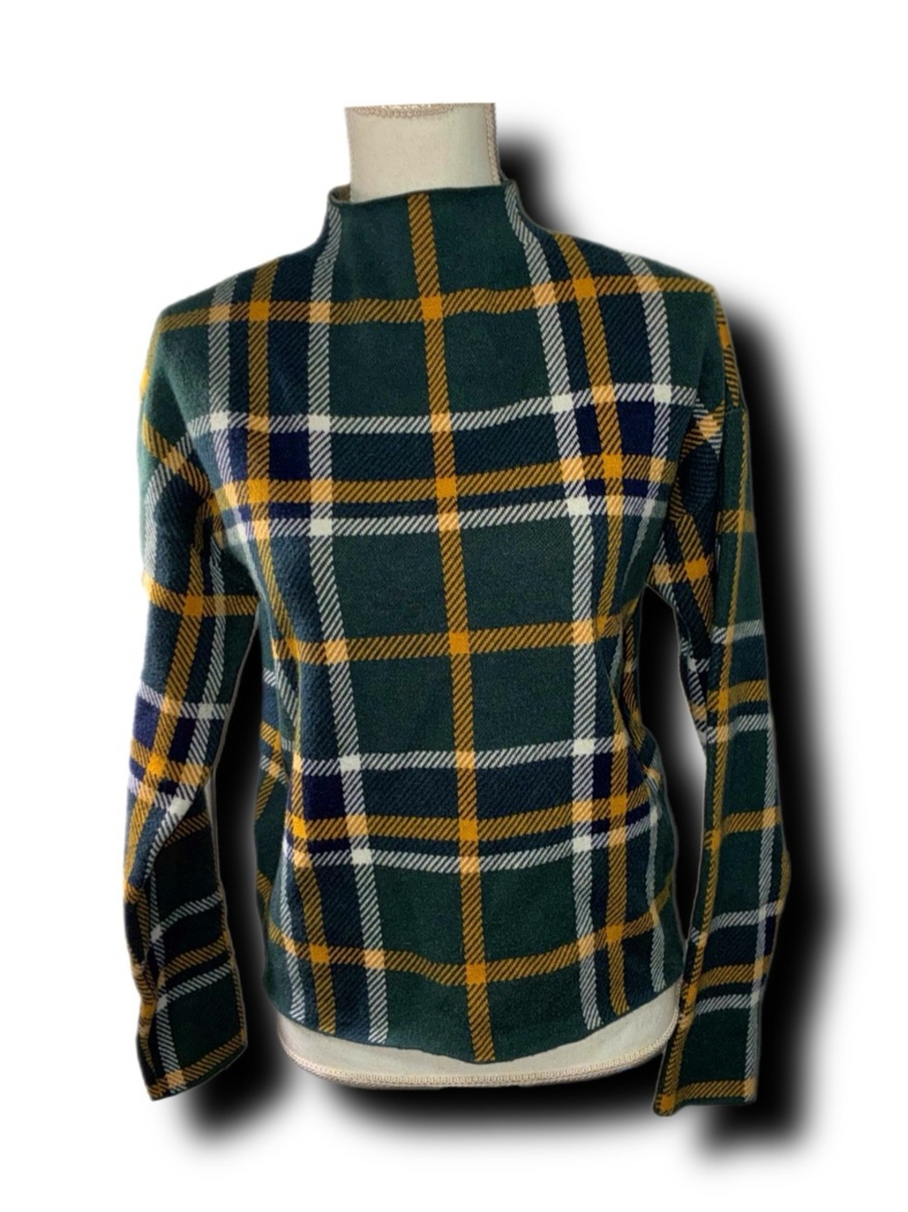 Tahari Plush Green Plaid Mock Neck Sweater Fall Autumn Comfy Cozy Vibes